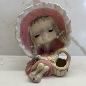 Kitschy Vintage Japan Pink Bonnet Girl w Lashes Holding Basket Ceramic Figurine